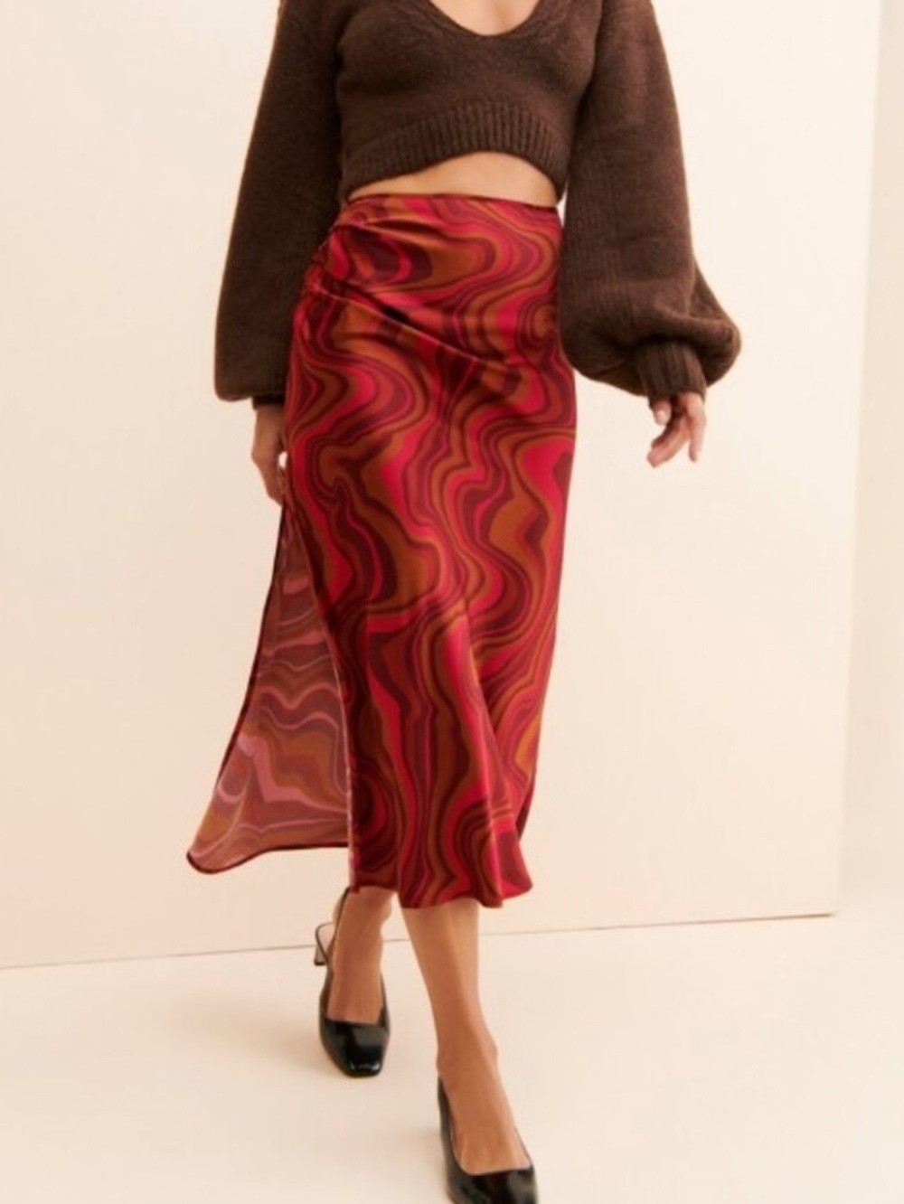 NWT For Love & Lemons Side Ruched Red Swirl Midi Slip Skirt